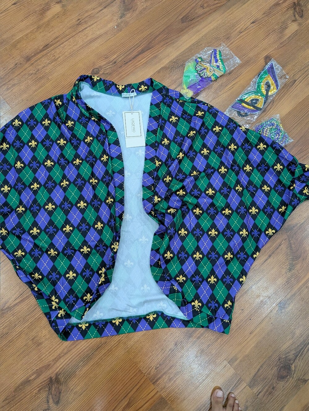 BNWT Mardi Gras Argyle Kimono Cardigan And Headpiece, Masquerade And Necklace